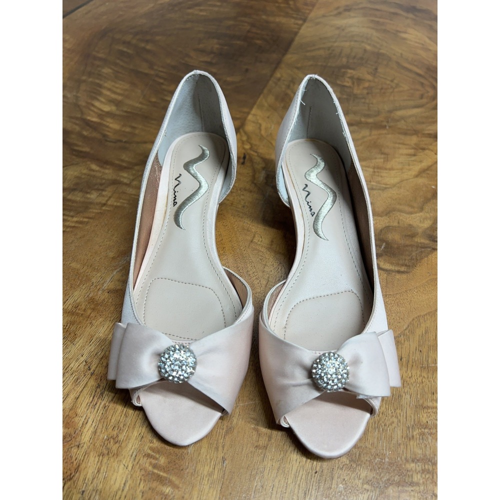Nina‎ NY 6.5 W Peach Pink Rhinestone Open Toe Wedding Sandal Wedge block heels